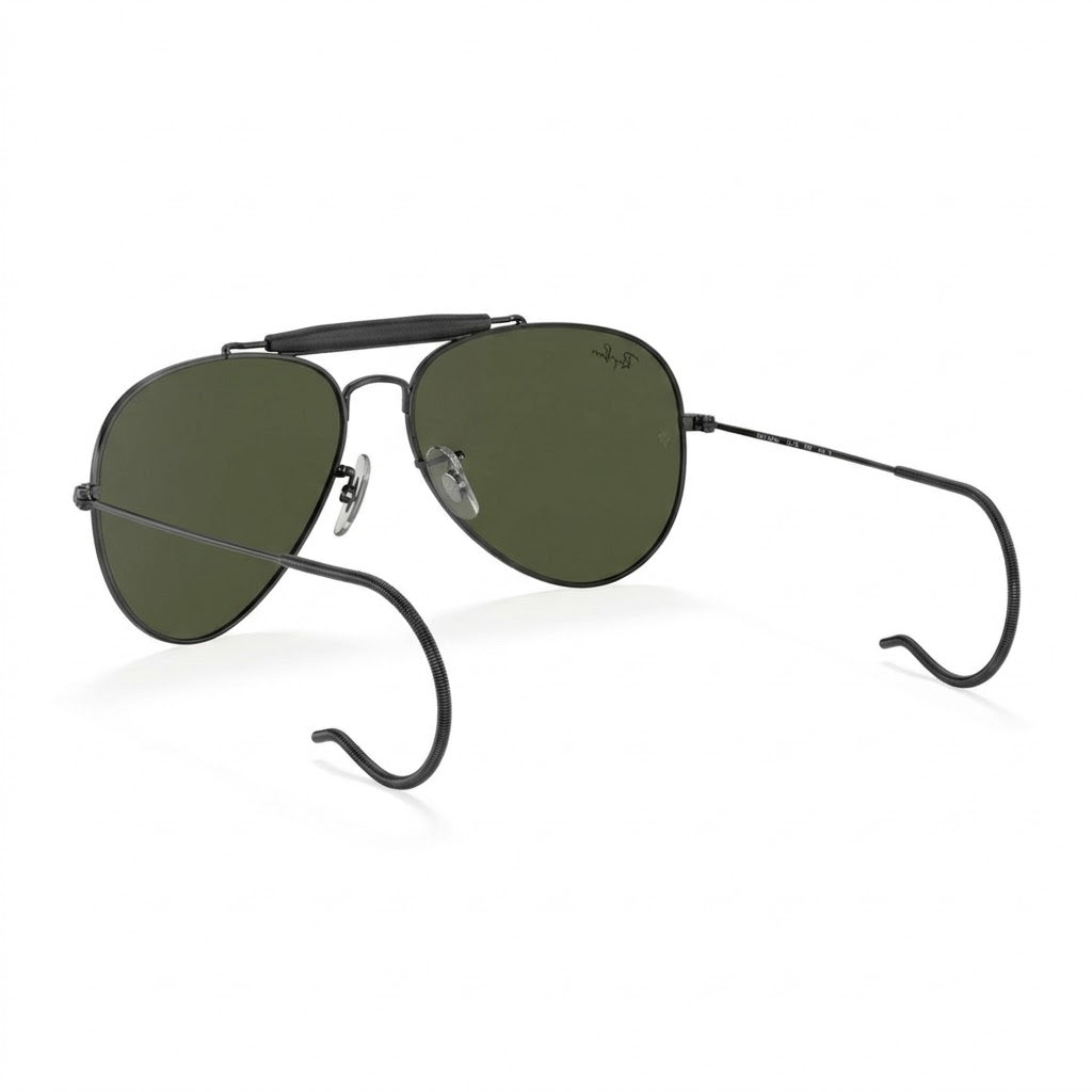 RayBan Original Classic 3030 L9500 Aviator Outdoorsman Polished Black Metal Rim Dark Green Sunglasses