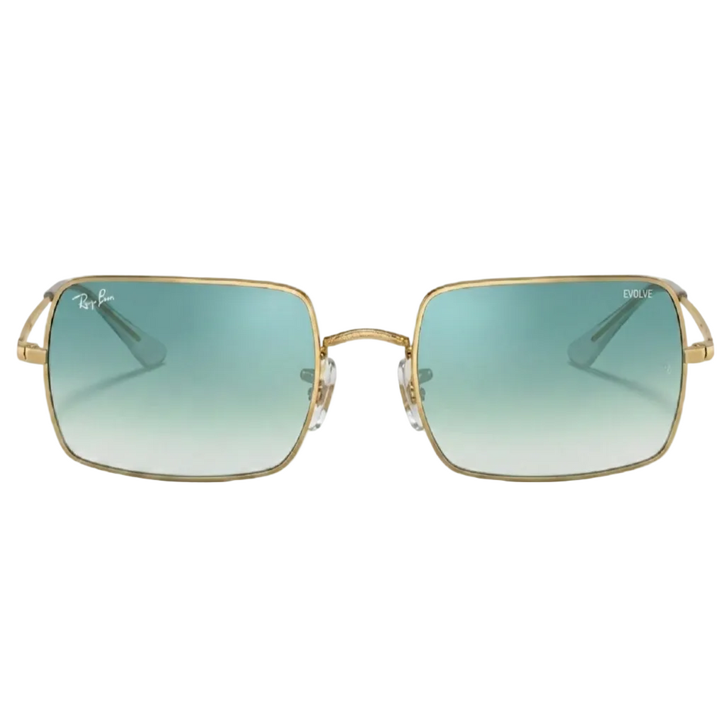 RayBan Evolve Original Classic 1969 001/W3 Rectangle Metal Polished Gold Frame Blue Grey Sunglasses