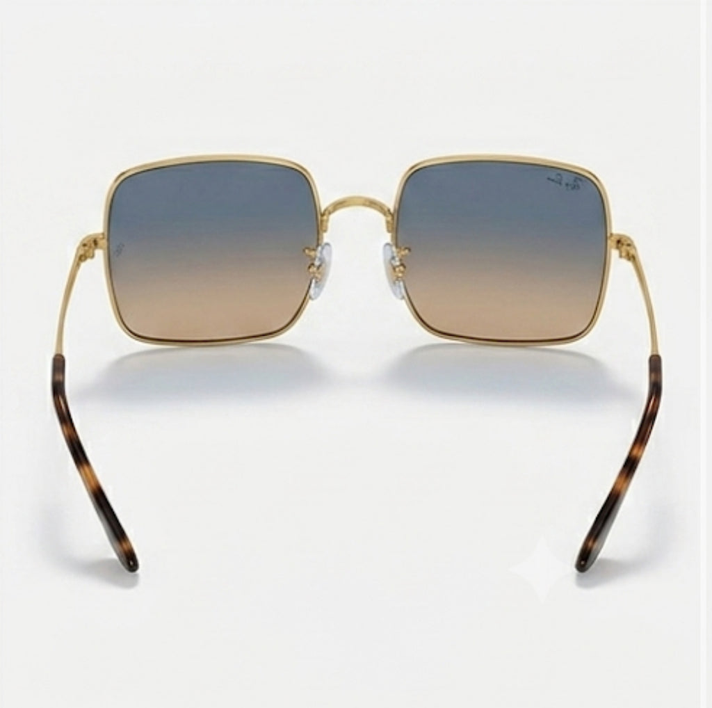 RayBan Evolve Original Classic 1971 9147/3F Square Metal Polished Gold Frame Blue Grey Sunglasses