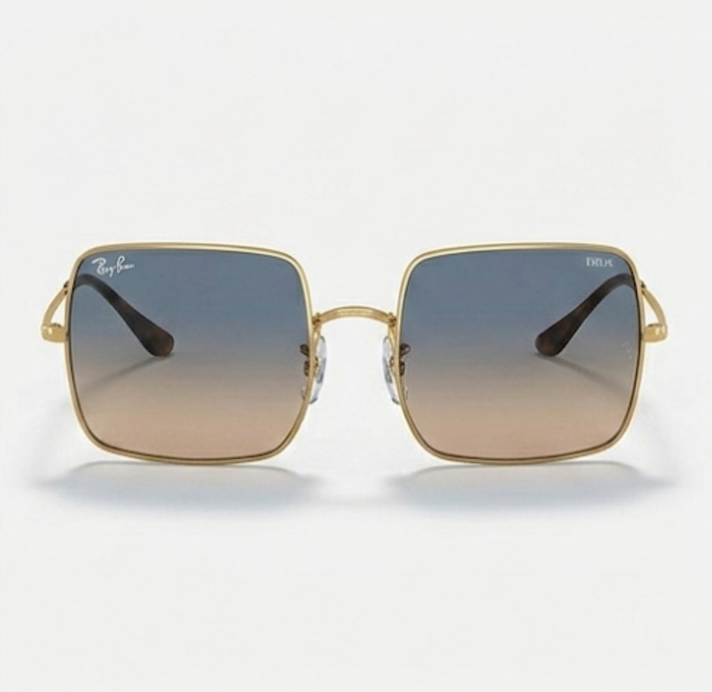RayBan Evolve Original Classic 1971 9147/3F Square Metal Polished Gold Frame Blue Grey Sunglasses