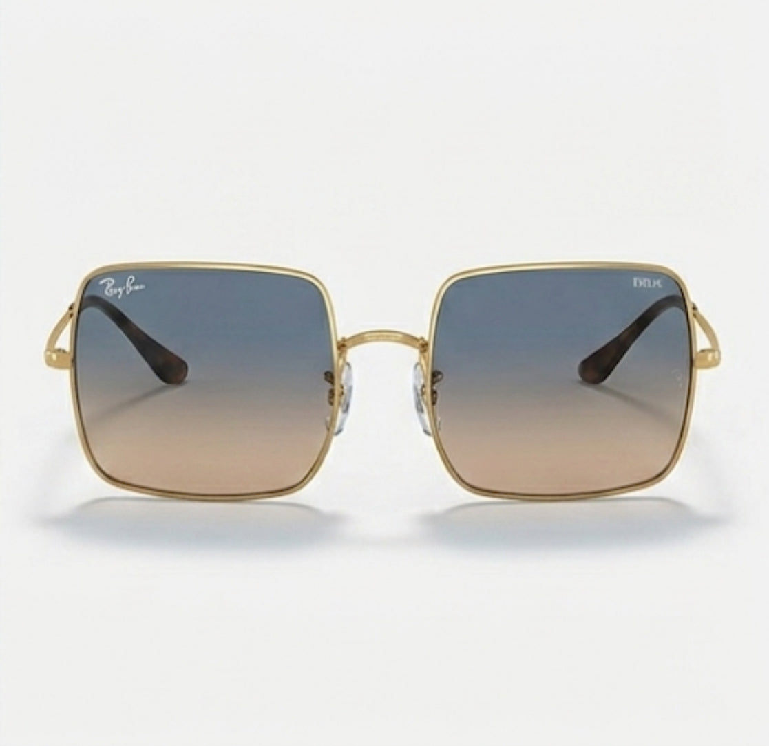 RayBan Evolve Original Classic 1971 9147/3F Square Metal Polished Gold Frame Blue Grey Sunglasses