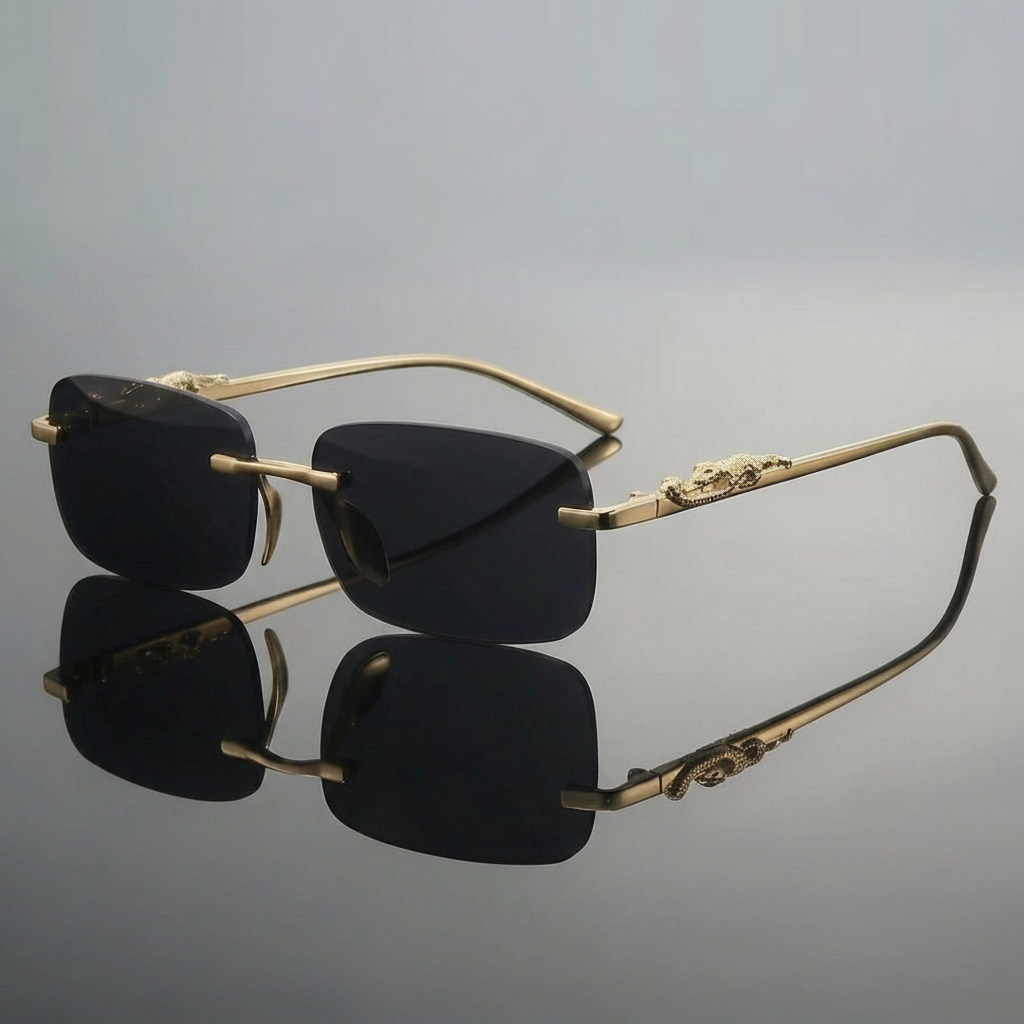 Designer-brand Rimless Polarized Black Square Metal Sunglasses