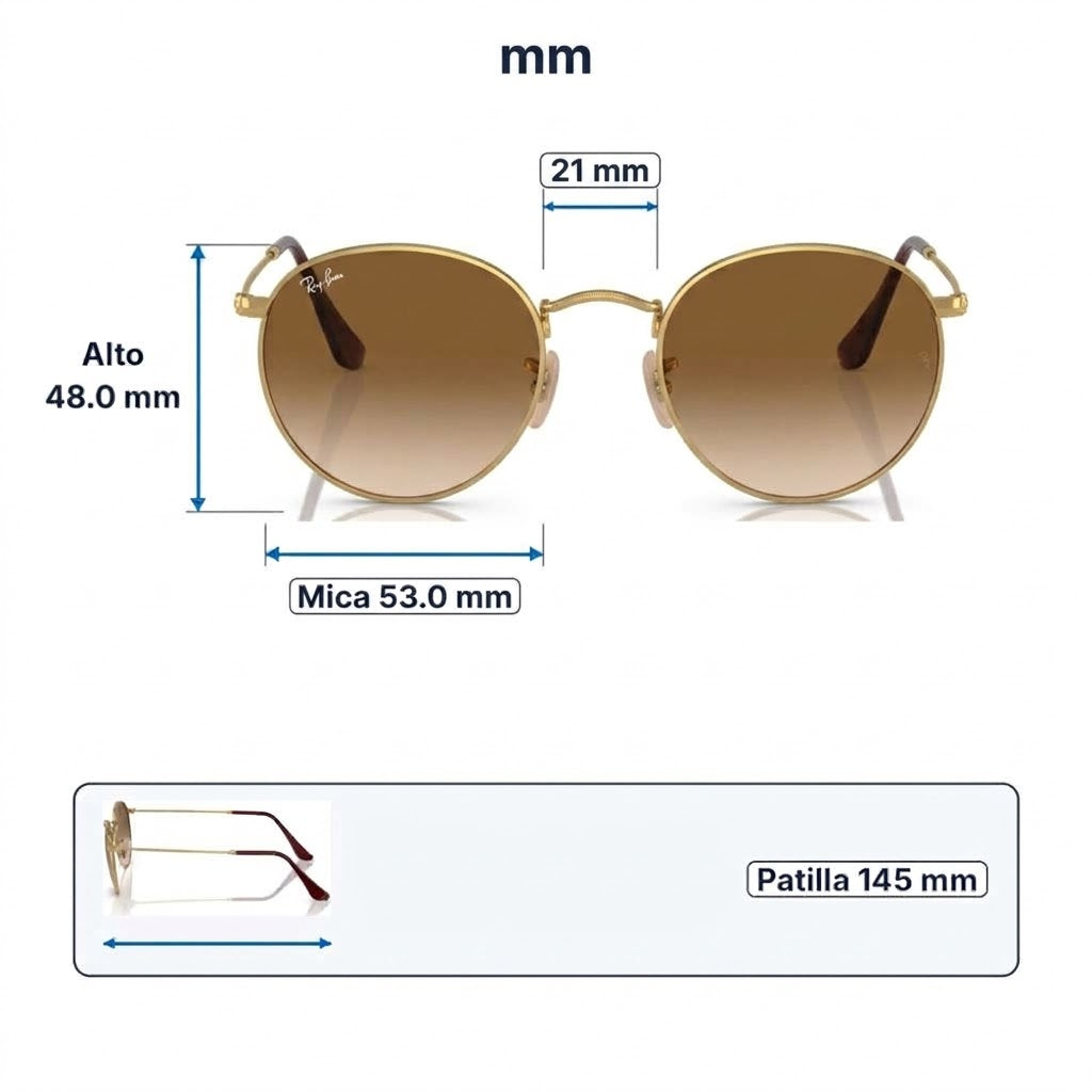 RayBan Original Classic 3447 112 17 Round Metal Polished Gold Rim Blue Mirror Sunglasses