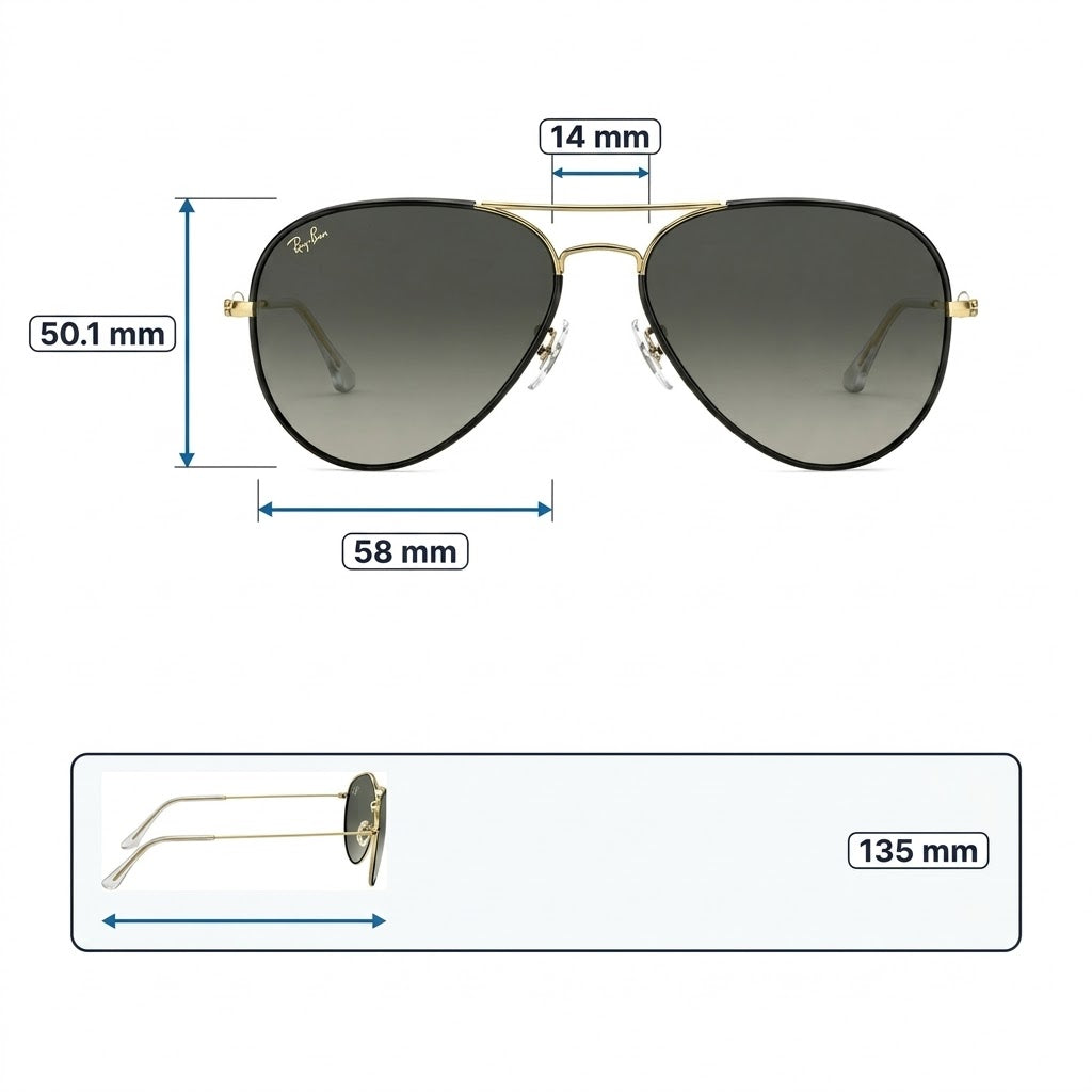 RayBan Original Classic 3025JM 001 Aviator Polished Gold Rim Black Grey Sunglasses