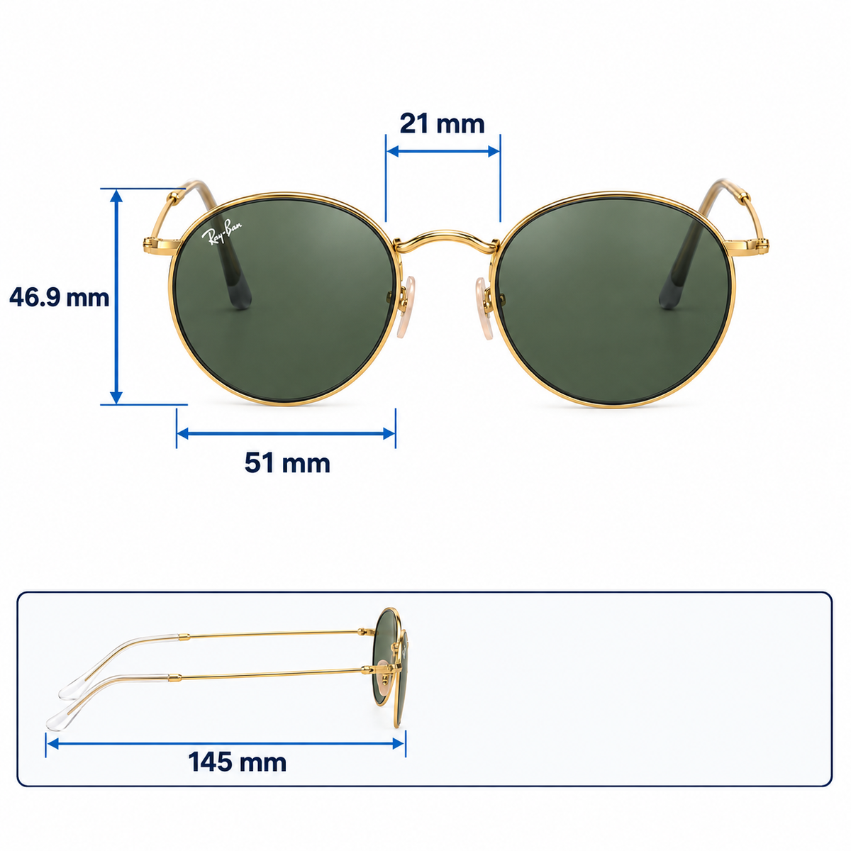 RayBan Original Classic 3517 002 62 Round Folding Black Metal Rim Grey Sunglasses