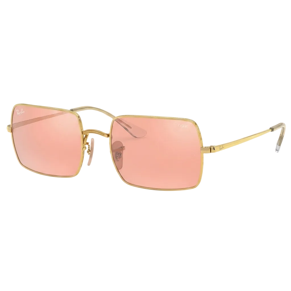 RayBan Evolve Original Classic 1969 001/3E Rectangle Metal Polished Gold Frame Pink Grey Sunglasses