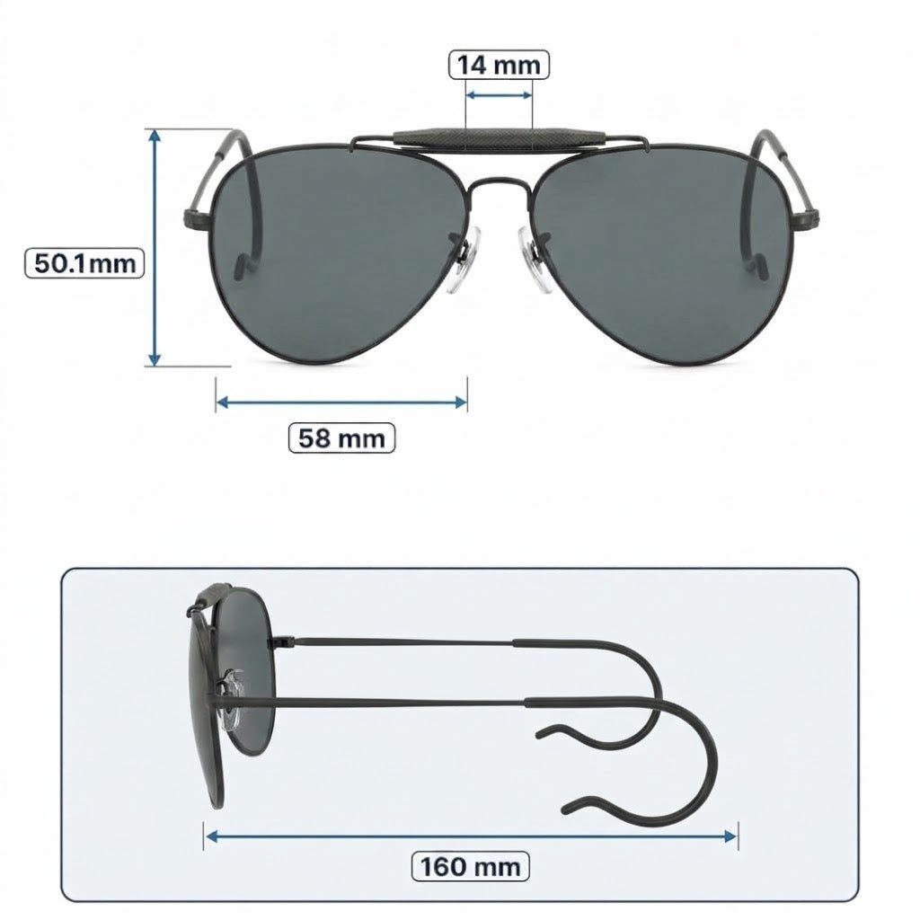 RayBan Original Classic 3030 L9500 Aviator Outdoorsman Polished Black Metal Rim Dark Green Sunglasses