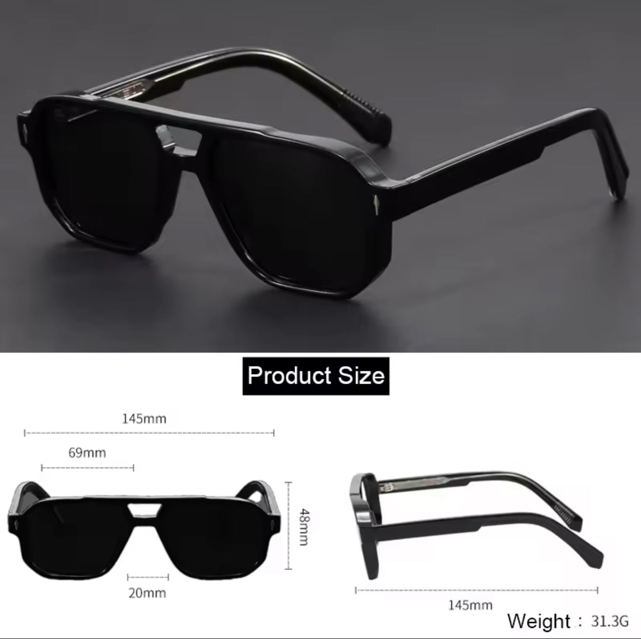 Vintage Punk Style Polarized Square Black Pilot Sunglasses