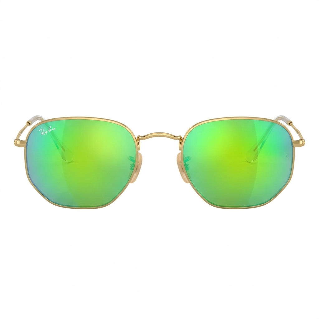RayBan Original Classic 3548 112 19 Hexagonal Polished Gold Rim Green Mirror Sunglasses