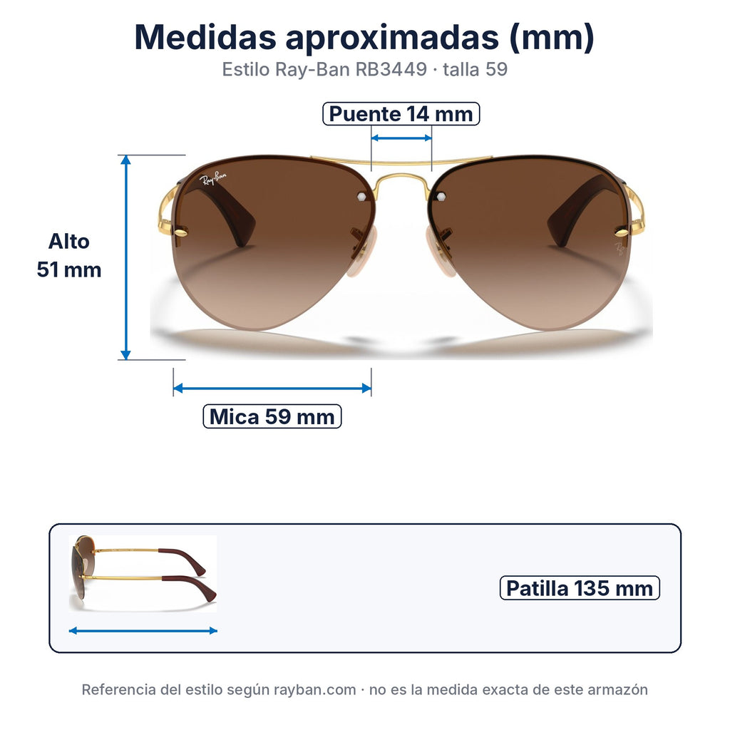 Medidas aproximadas — RayBan Original Classic 3449 001-13 Aviator Polished Gold Rim Sunglasses