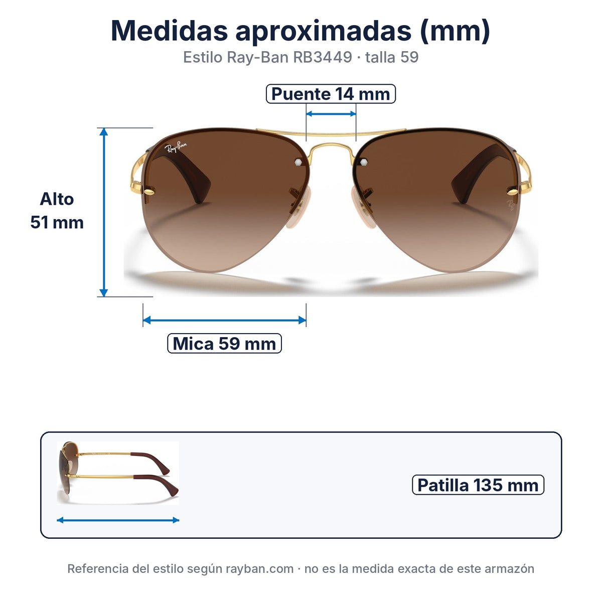 Medidas aproximadas — RayBan Original Classic 3449 001-13 Aviator Polished Gold Rim Sunglasses